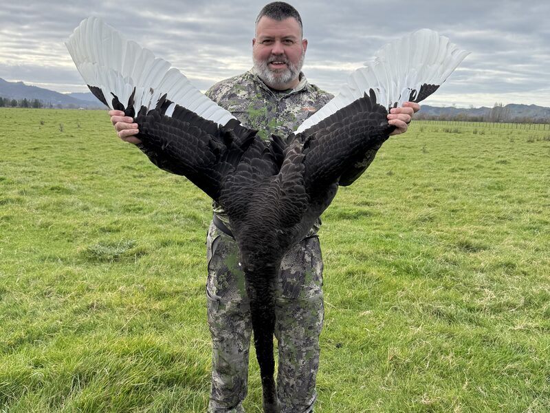 Hunter holding a black swan with its wings spread on open pasture