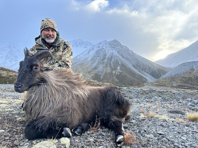 Hunter with a full-maned bull tahr at first light, snowy peaks beyond
