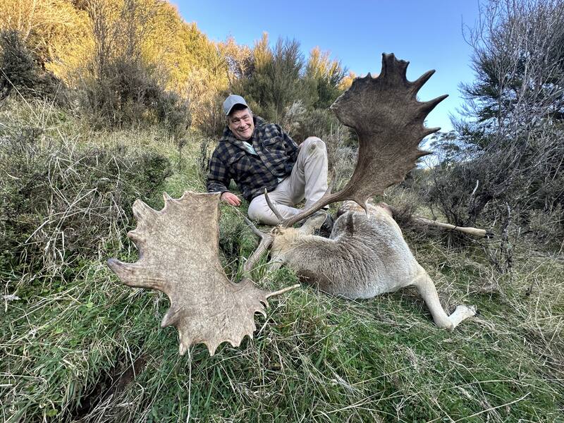Hunter beside a fallow buck in golden autumn hill country